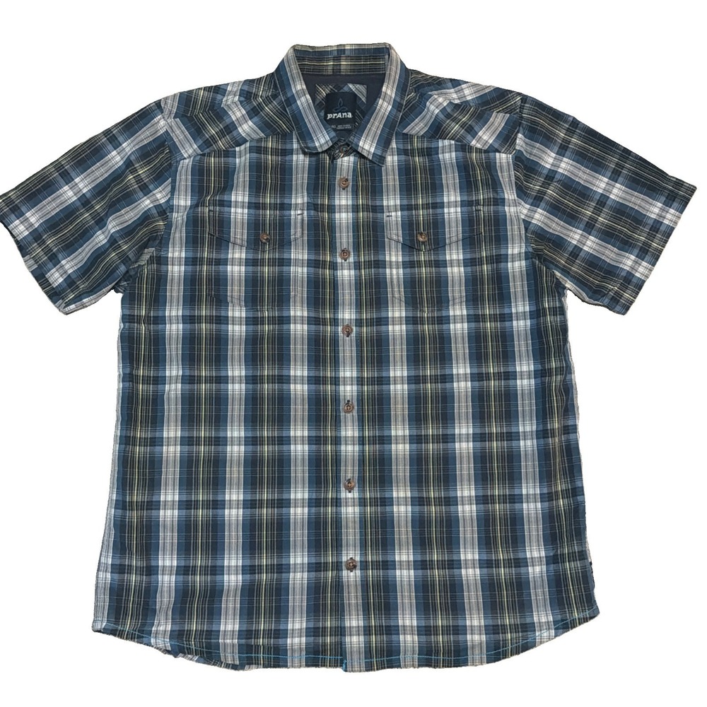 Prana Murdock Shirt Mens XL Plaid Slim Fit Short Sleeve Button Up Hiking Outdoor